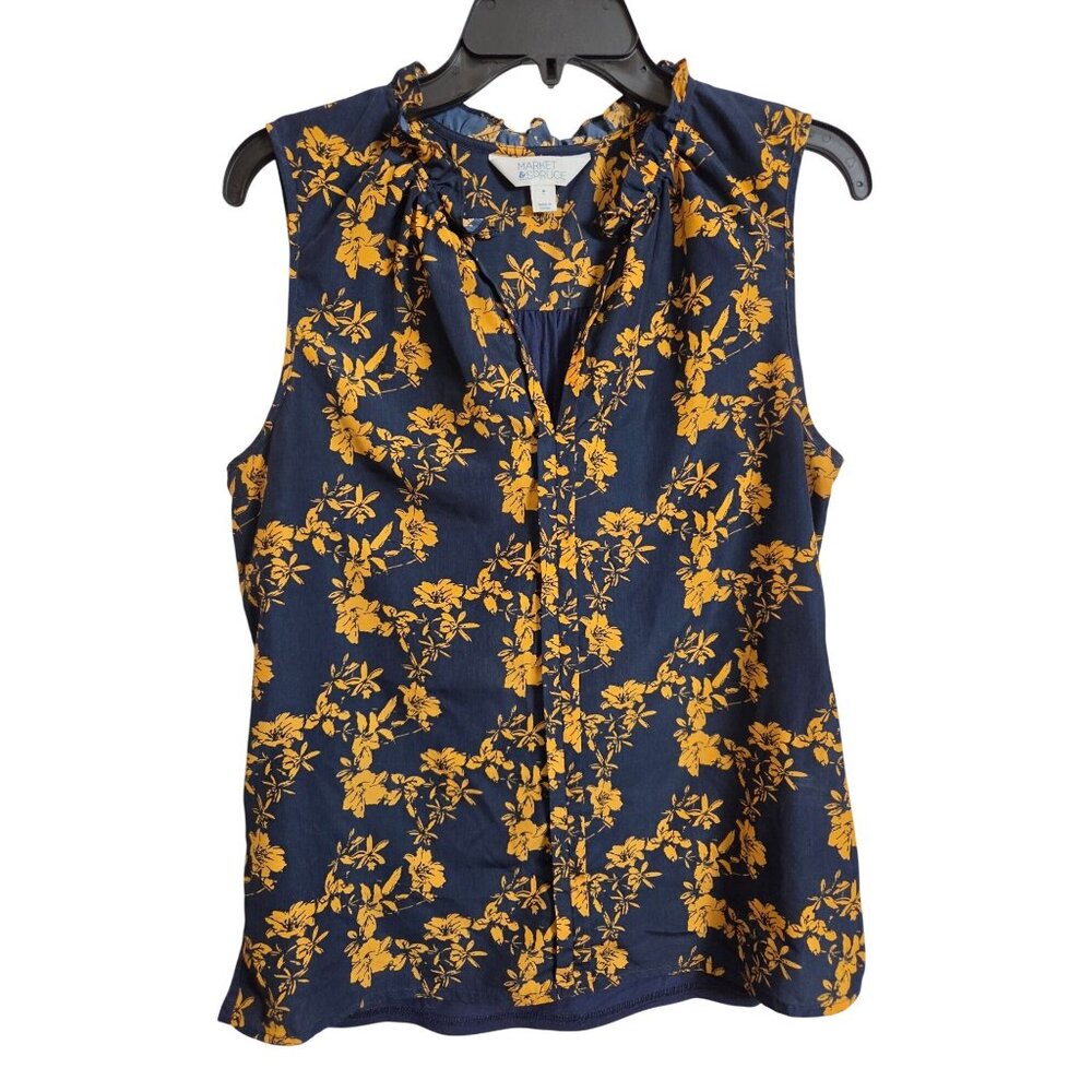 Market & Spruce Floral Sleeveless Ruffle Blouse Navy & Yellow Womens Large - Picture 3 of 14